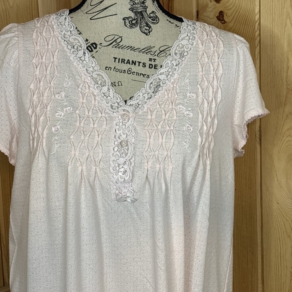Miss Elaine Nightgown Pink Floral Medium Smocking Lace Bow Cap Sleeve Romantic - Picture 2 of 5